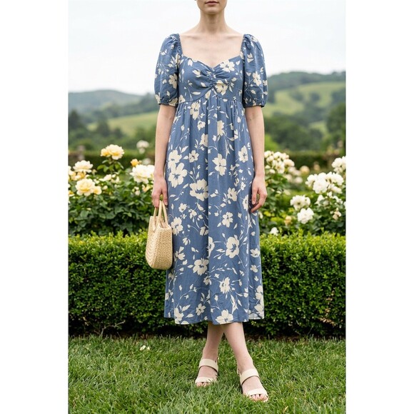 In february Dresses & Skirts - In February Dress Womens M Blue Floral Midi Empire Waist Pockets